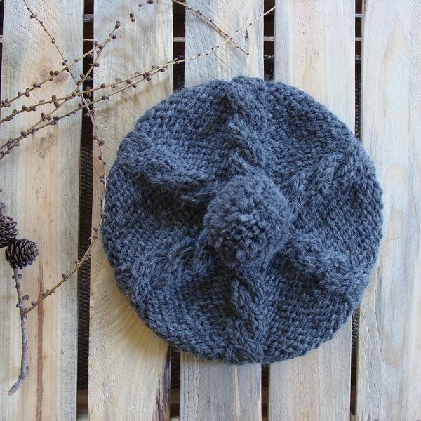 Cable Knit Wool Alpaca Beret: Chunky Pompom Boho Hat