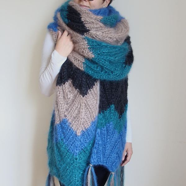 Chevron Knit Mohair Scarf with Tassels: Oversized Winter Scarf