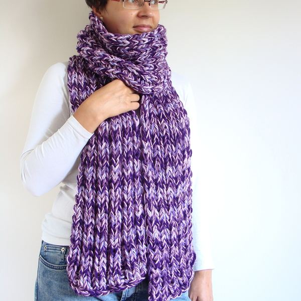 Chunky Knit Scarf: Purple Melange Wool Blend Wrap