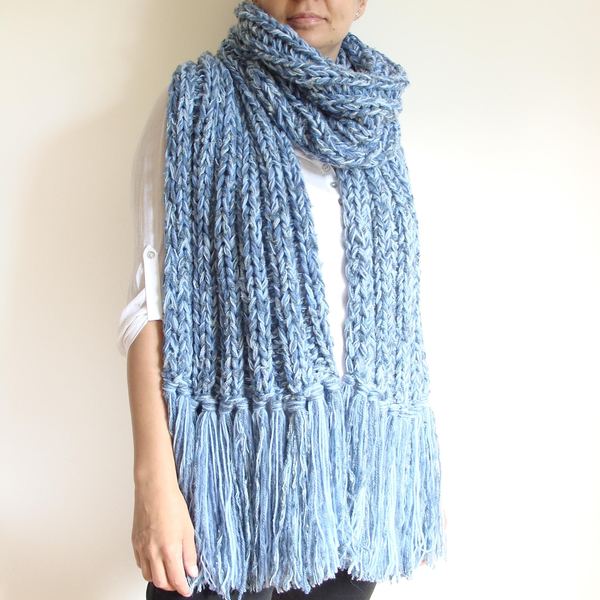 Chunky knit scarf with tassels, large melange blue winter fringe wrap