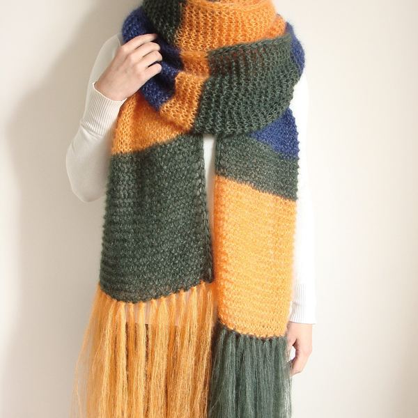 Color Block Knit Mohair Scarf: Extra Large Woolen Fringe Shawl