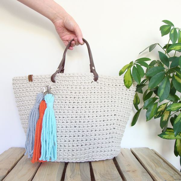 Crochet Cotton Rope Bag with Leather Straps & Boho Fringe