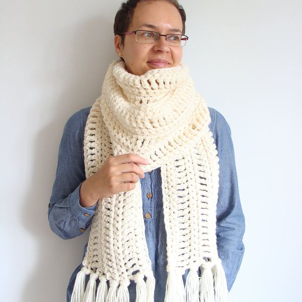 Extra long chunky crochet scarf with tassels,  large soft woolen winter scarf for women