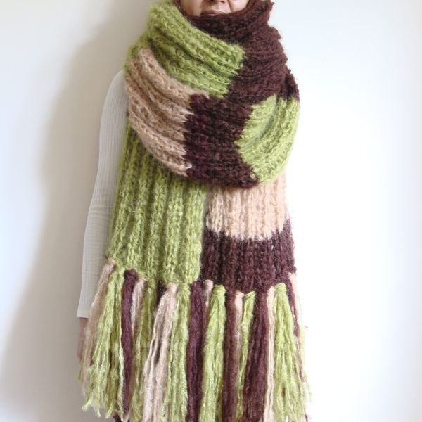 Hand-Knit Mohair Scarf: Oversized Chunky Striped Tassel Scarf