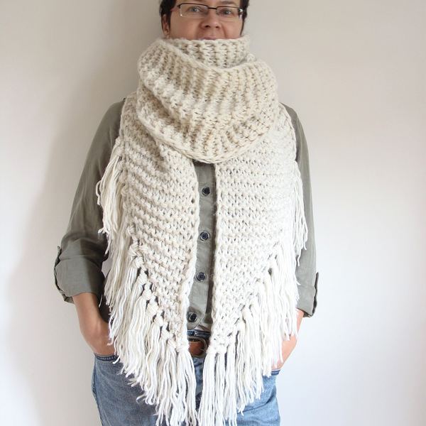 Hand Knitted Asymmetric Scarf: Ivory Fringe Winter Wrap