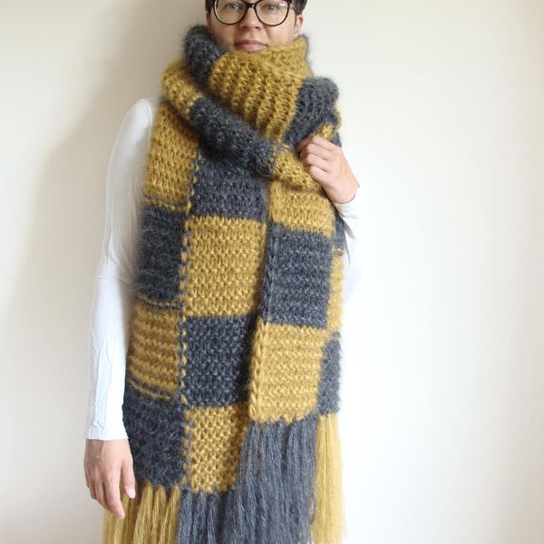 Hand-Knitted Mohair Scarf: Checkered Plaid Wrap with Tassels