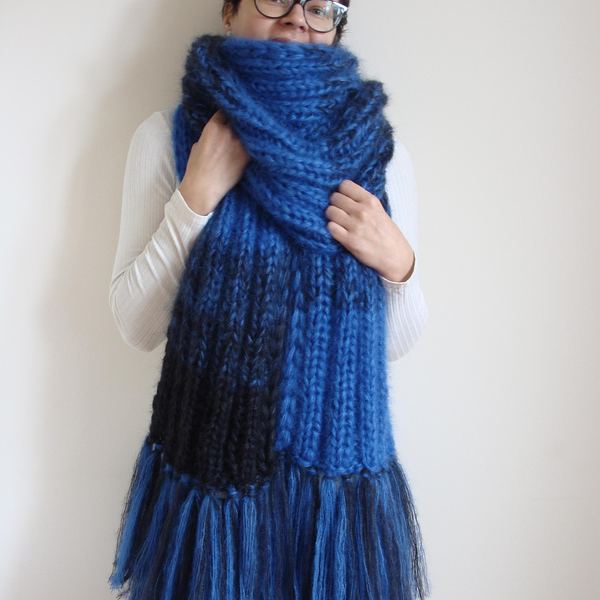 Melange Knit Mohair Scarf with Tassels: Oversized Wool Wrap