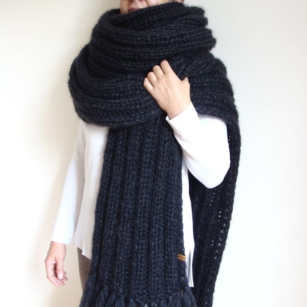 Oversized Mohair Knit Scarf: Extra Long Chunky Tassel Wrap