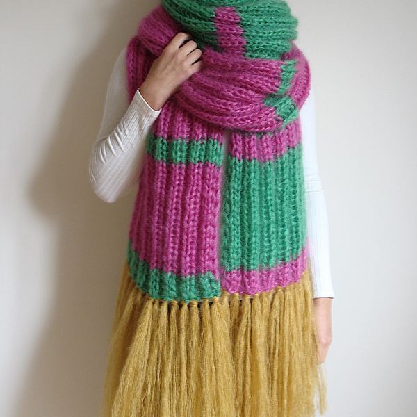 Two-Toned Knit Mohair Scarf with Tassels: Striped Winter Scarf