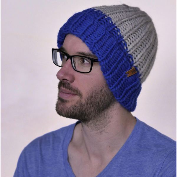 Two-Toned Wool Knit Beanie: Chunky Fisherman Style Winter Hat